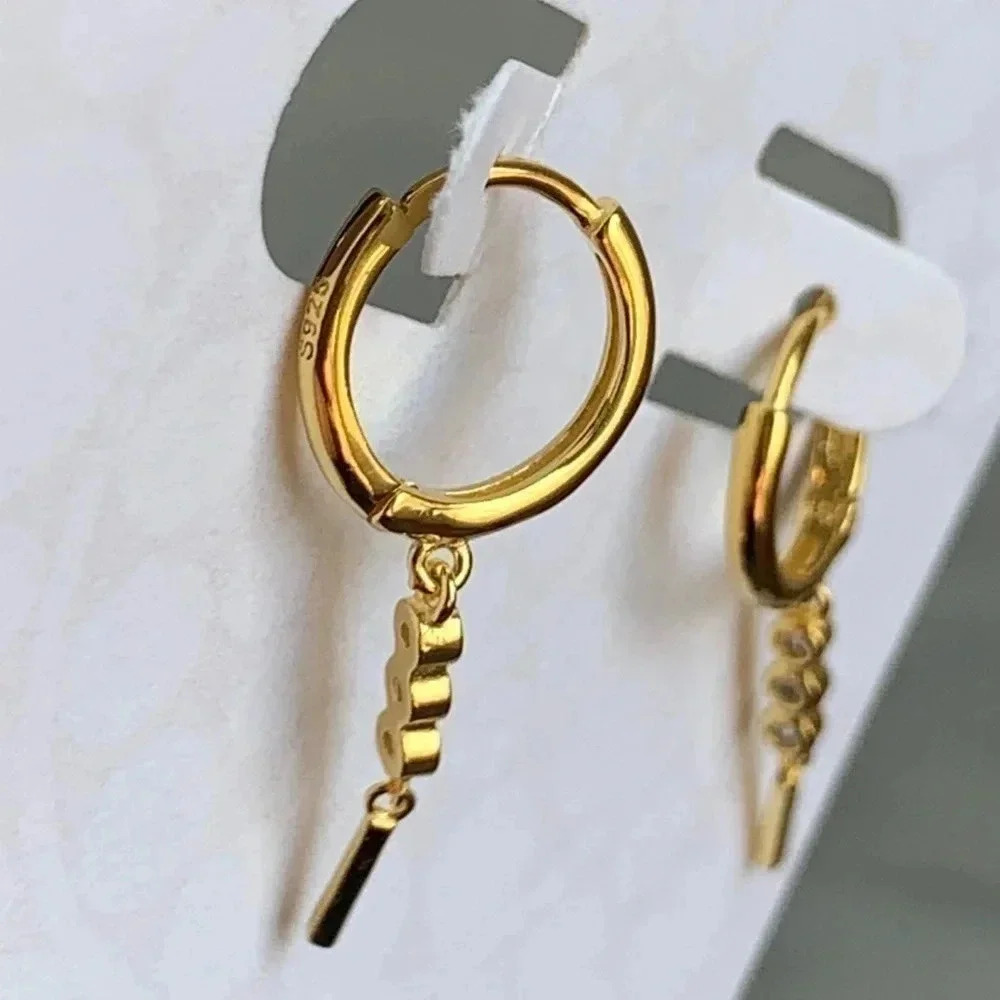 18K Gold Huggie Crystal Dangle Hoop Earrings - Picture 3 of 5